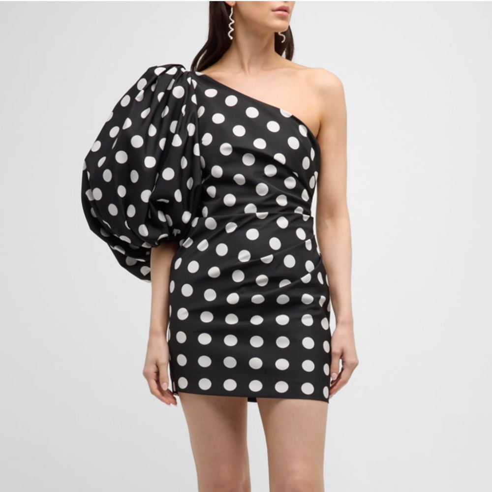 PINKO one-shoulder polka dot mini faille dress with voluminous sleeve